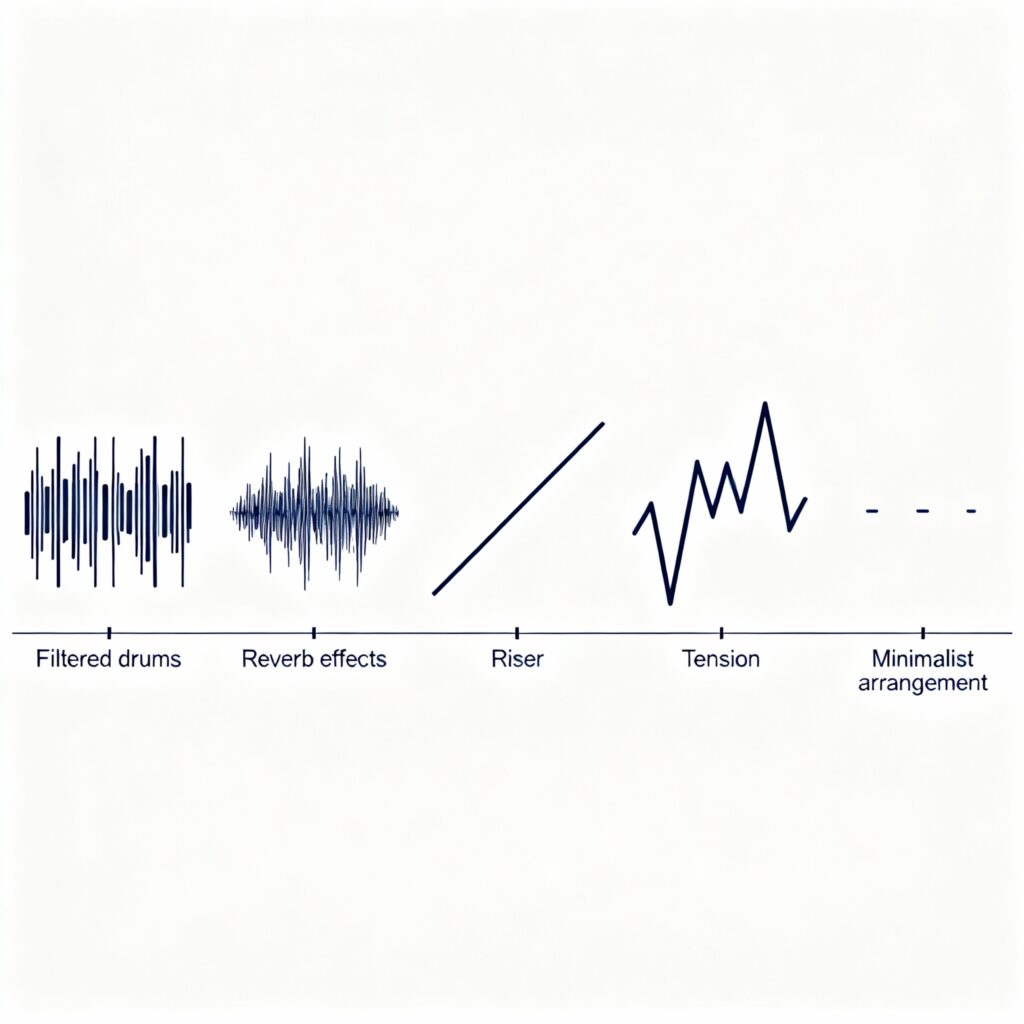The Ultimate Guide to Techno Track Structure 2 Visual representation of a techno track structure, highlighting the energy drop during a breakdown and the build-up to the climax.