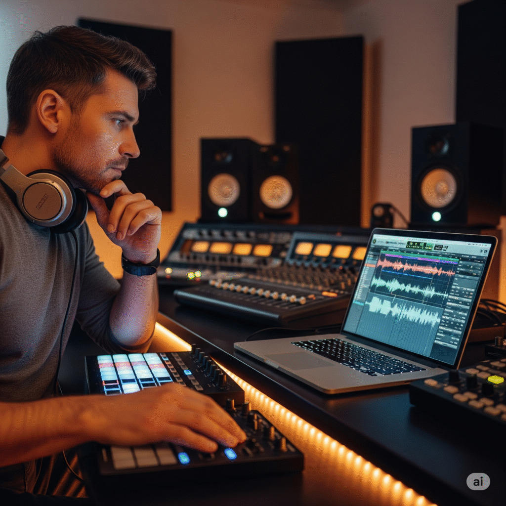 How to Choose the Perfect Ghost Produced Track: A DJ's Guide 1 A professional DJ and music producer in his studio carefully choosing a ghost produced track on his laptop.