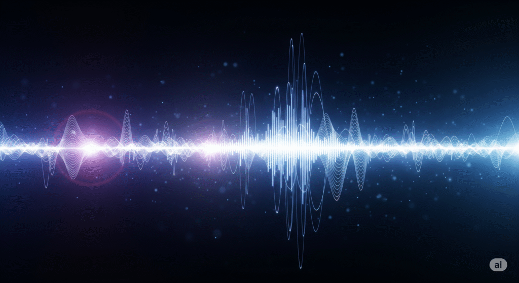 The Definitive Guide to Melodic Techno Production (2025) 1 A conceptual image representing Melodic Techno production, with glowing blue and purple sound waves on a dark, high-tech background.