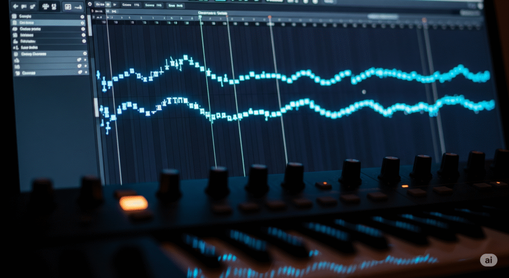 The Definitive Guide to Melodic Techno Production (2025) 2 A close-up of a DAW piano roll editor showing a hypnotic arpeggio pattern, essential for melodic techno production.