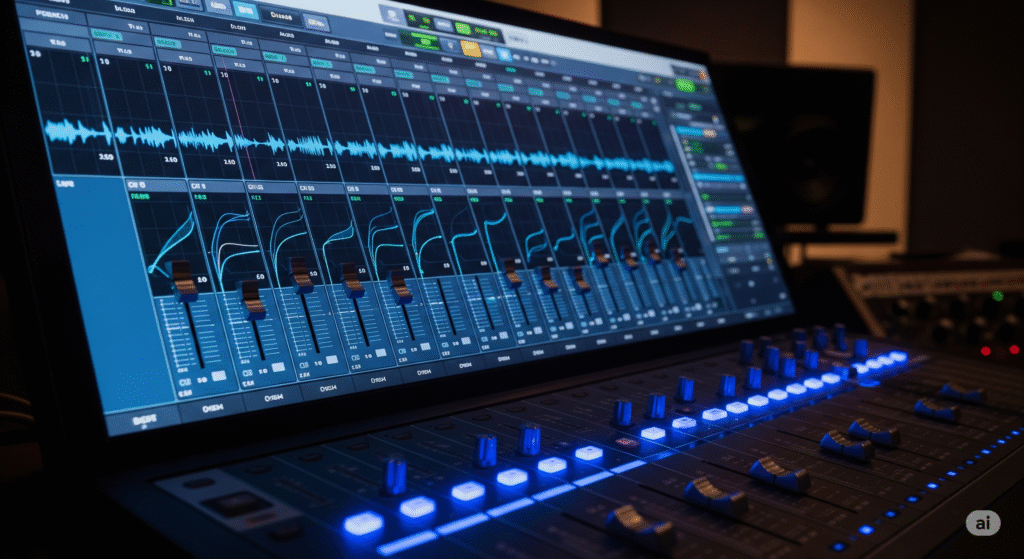 The Definitive Guide to Melodic Techno Production (2025) 3 Digital audio mixer interface with glowing faders and EQ curves, illustrating the mixing and mastering process for a melodic techno track.