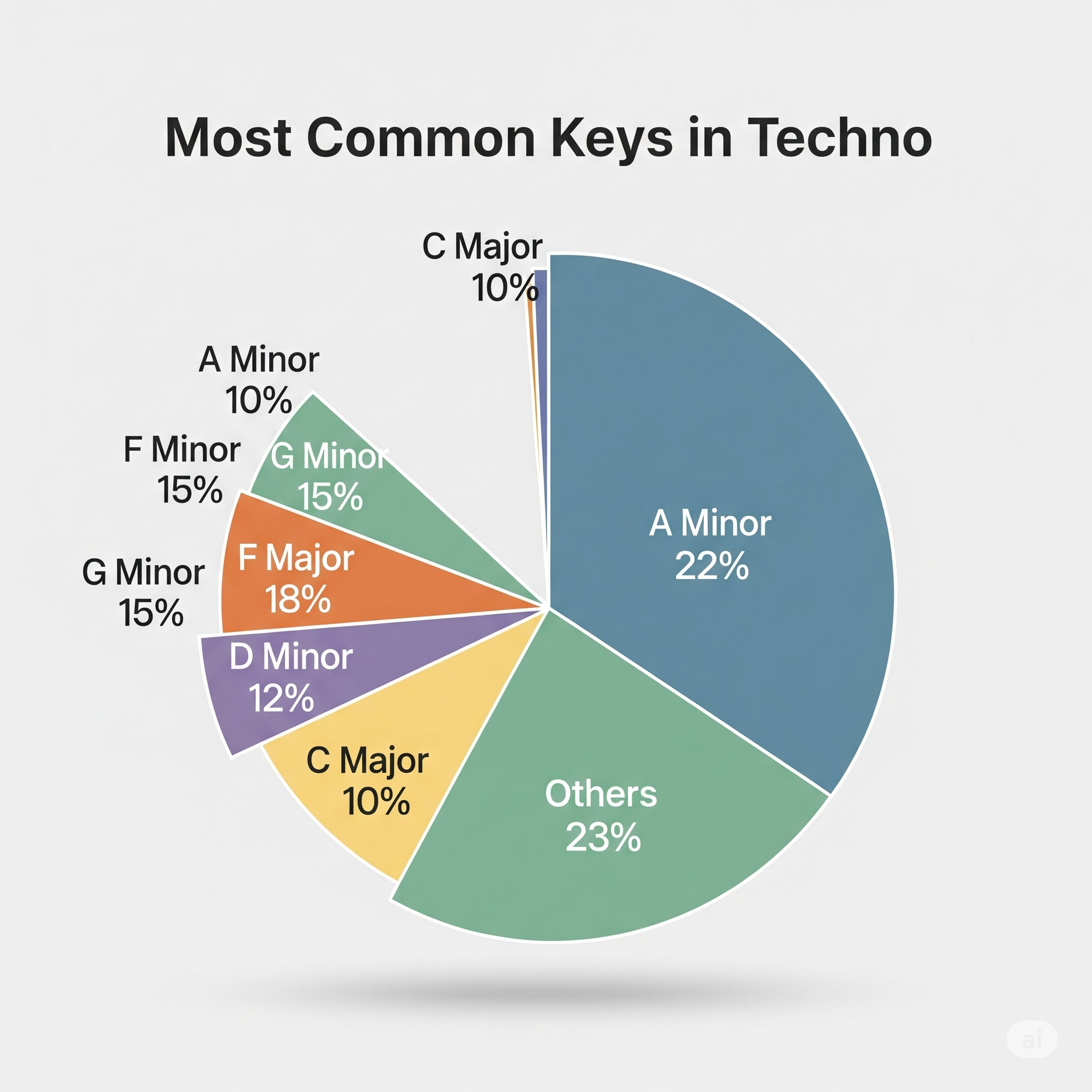 Data-Driven Techno: We Analyzed 500 Beatport Hits. The Results Will Change How You Produce. 1 Pie chart showing the most common musical keys in modern Techno music based on Beatport data.