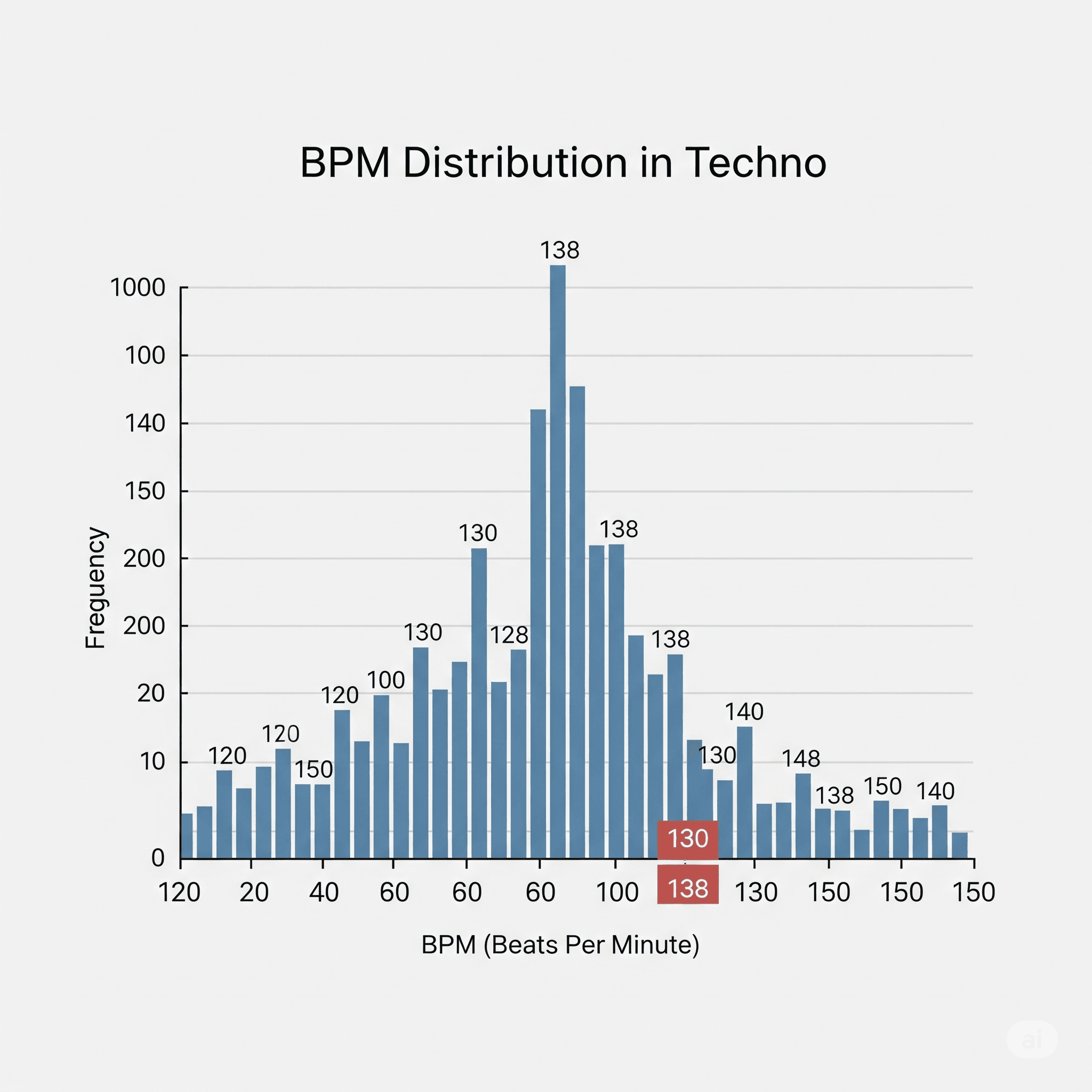 Data-Driven Techno: We Analyzed 500 Beatport Hits. The Results Will Change How You Produce. 2 Histogram chart showing the BPM distribution in modern Techno tracks, peaking at 130-138 BPM.