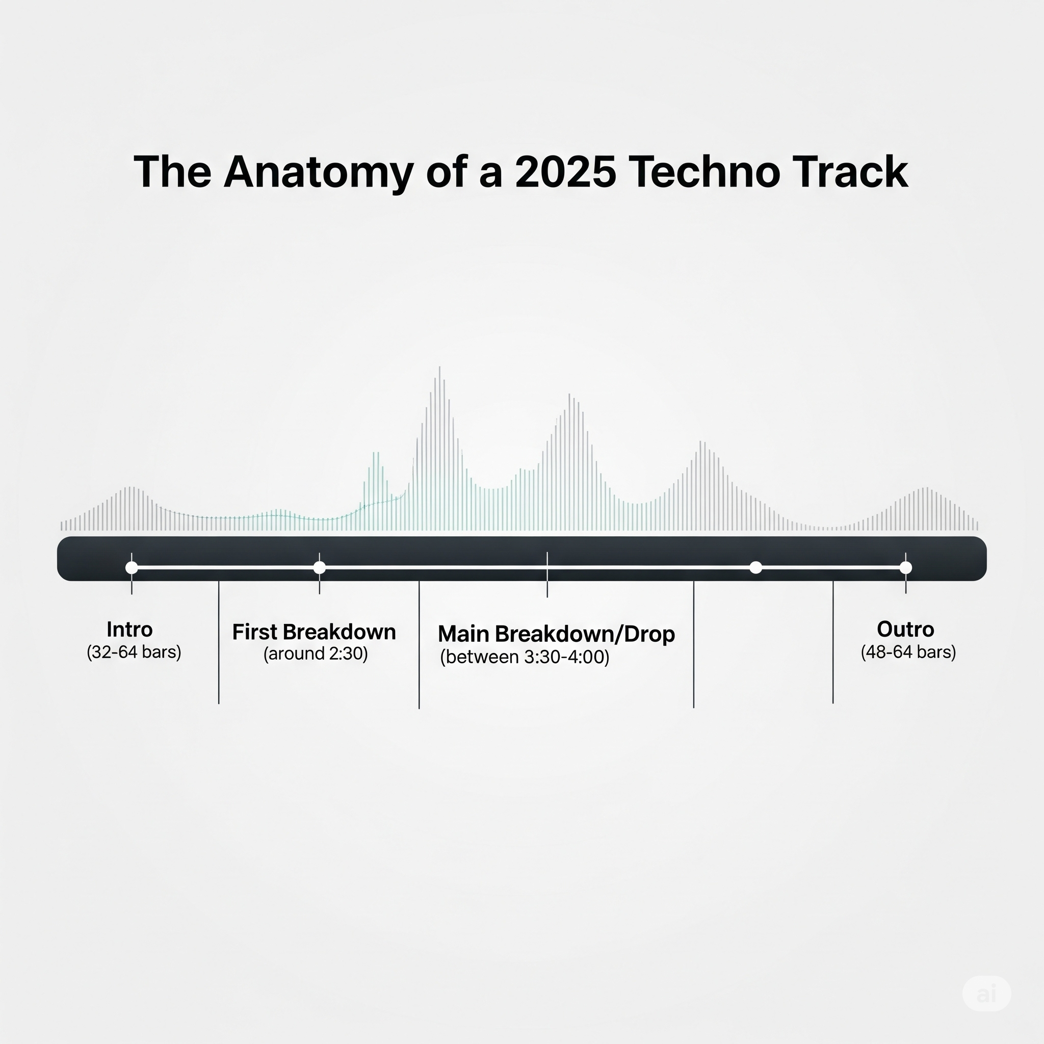 Data-Driven Techno: We Analyzed 500 Beatport Hits. The Results Will Change How You Produce. 3 Infographic displaying the average arrangement of a modern techno track, showing intro, breakdowns, and outro.