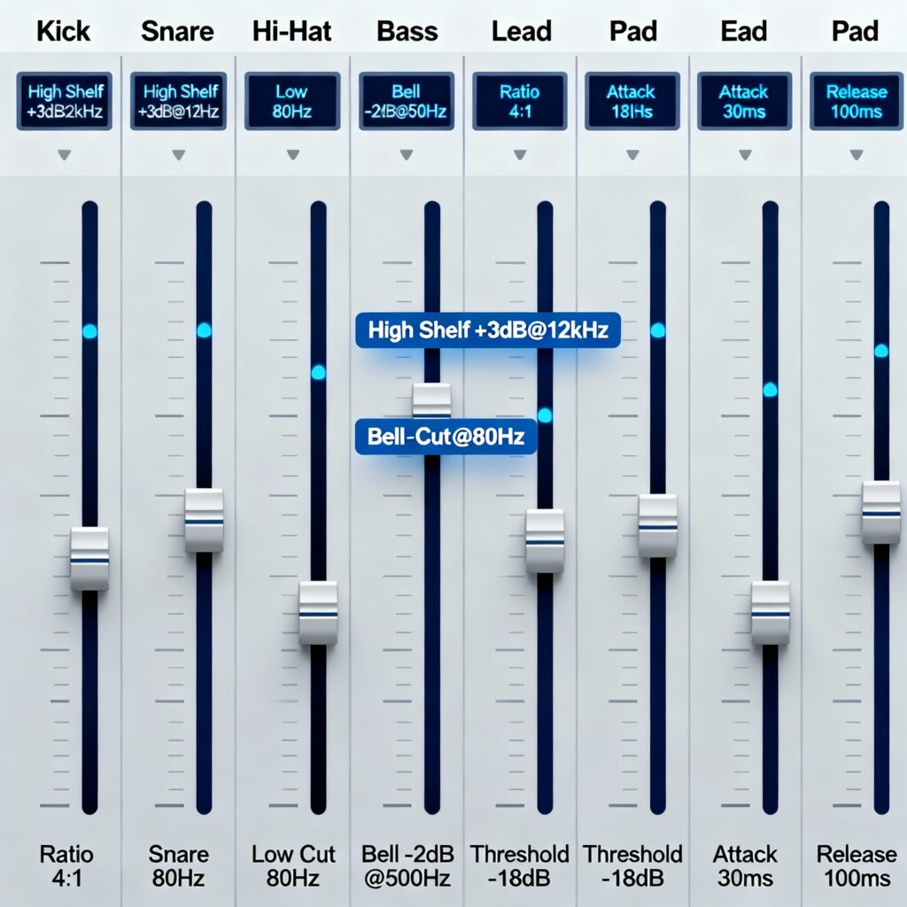 A DAW's mixing console, illustrating how to fix common techno mixing mistakes.