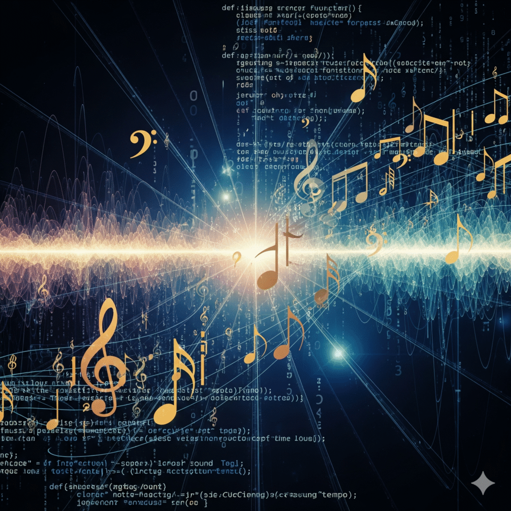 Create Amazing Beats With Code: The Ultimate 3-Step Strudel Guide 1 A producer learning to create music with code using Strudel live coding, with a visual representation of the code turning into a techno soundwave.