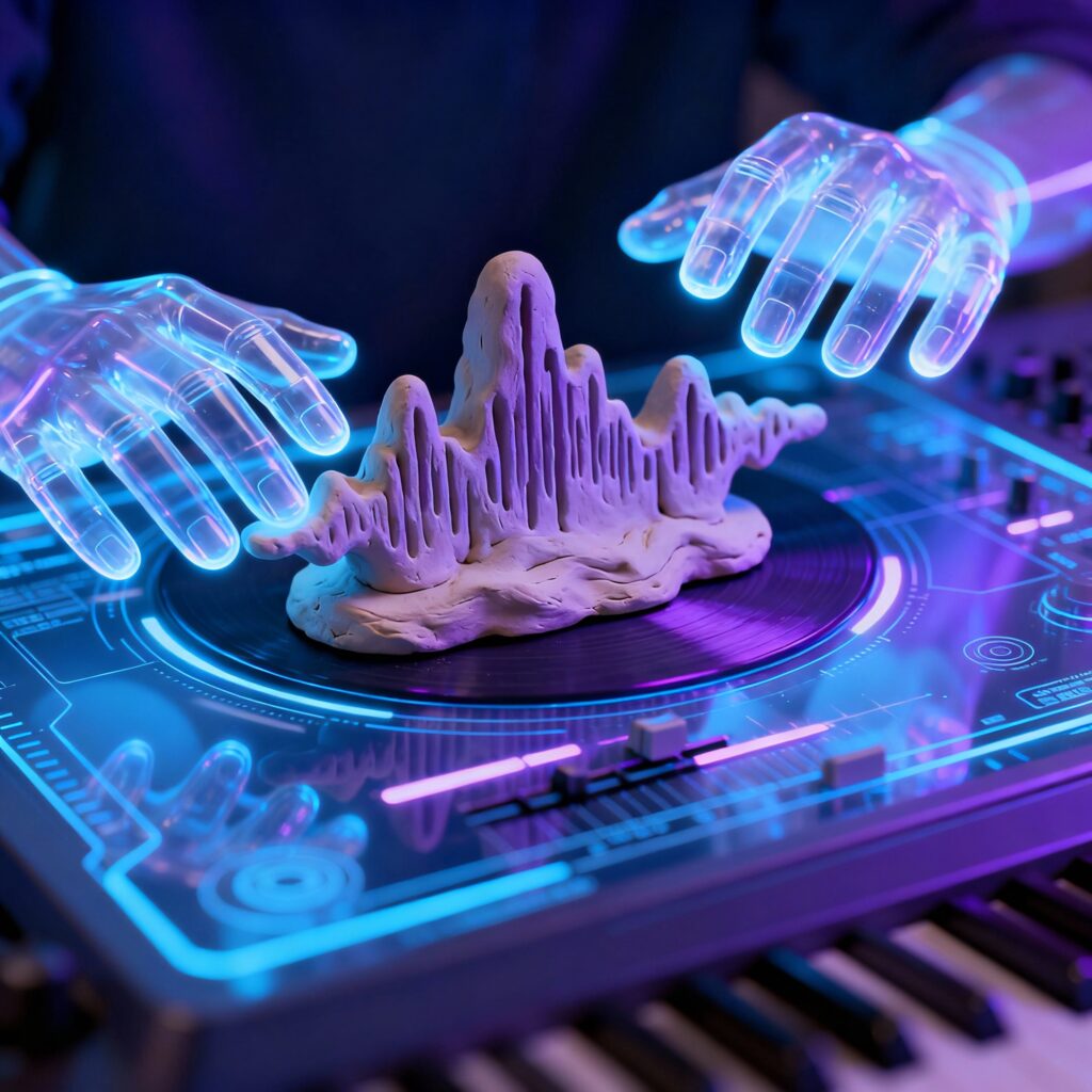 A music producer uses a futuristic interface to find their signature sound by sculpting a soundwave.