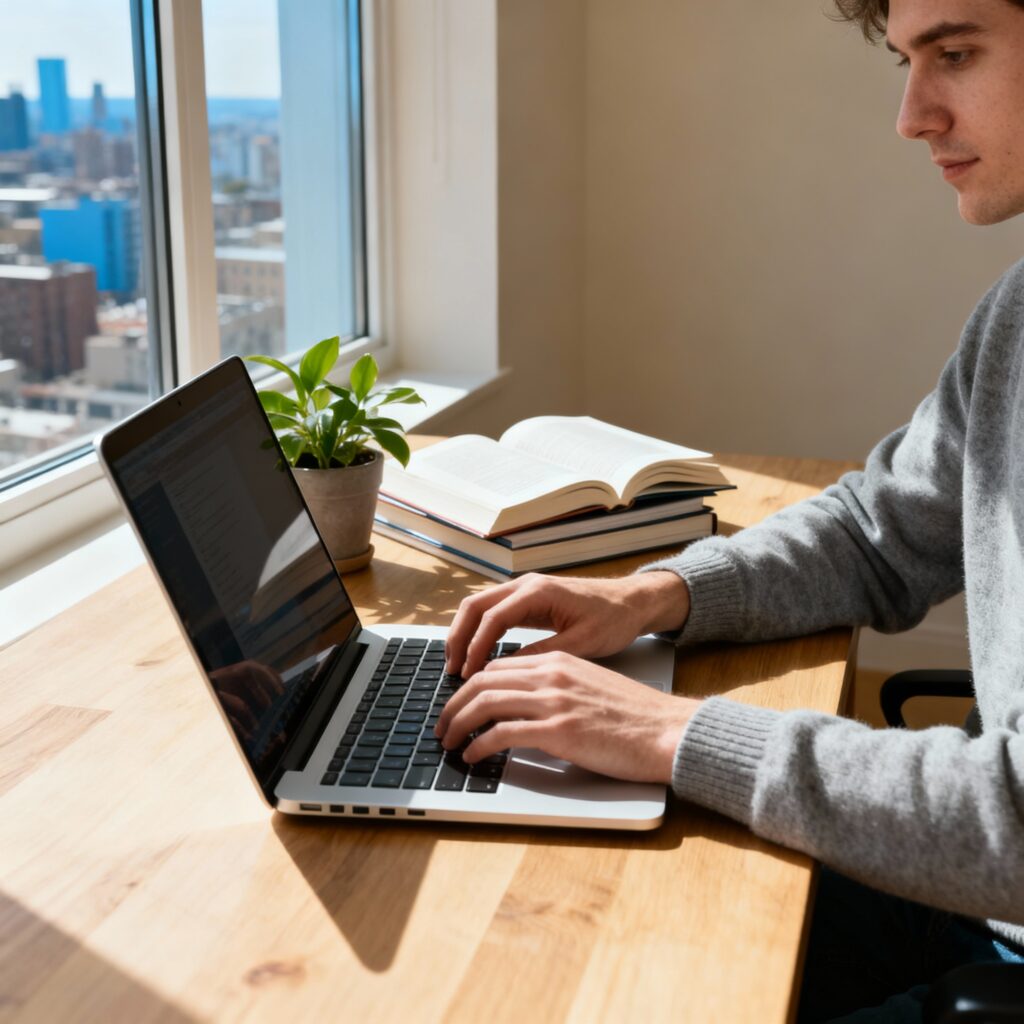 A producer thinking about how to email record labels, with a laptop showing a well-written demo submission email.

